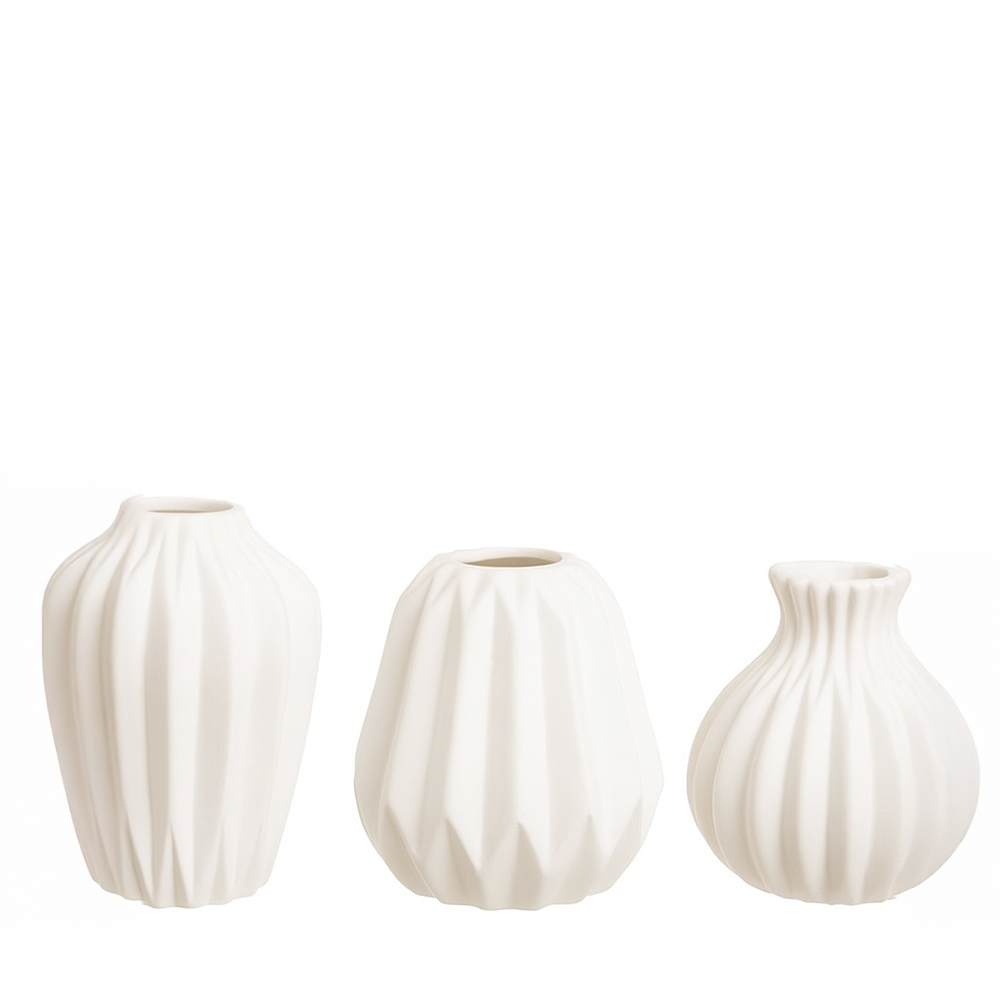 PLEATED CERAMIC BUD VASES, SET OF 3