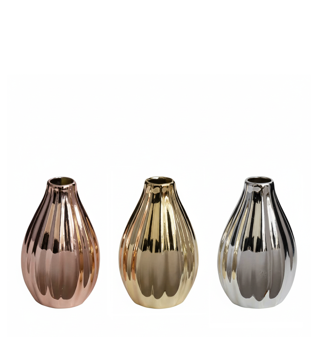 METALLIC RIBBED BUD VASES, SET OF 3