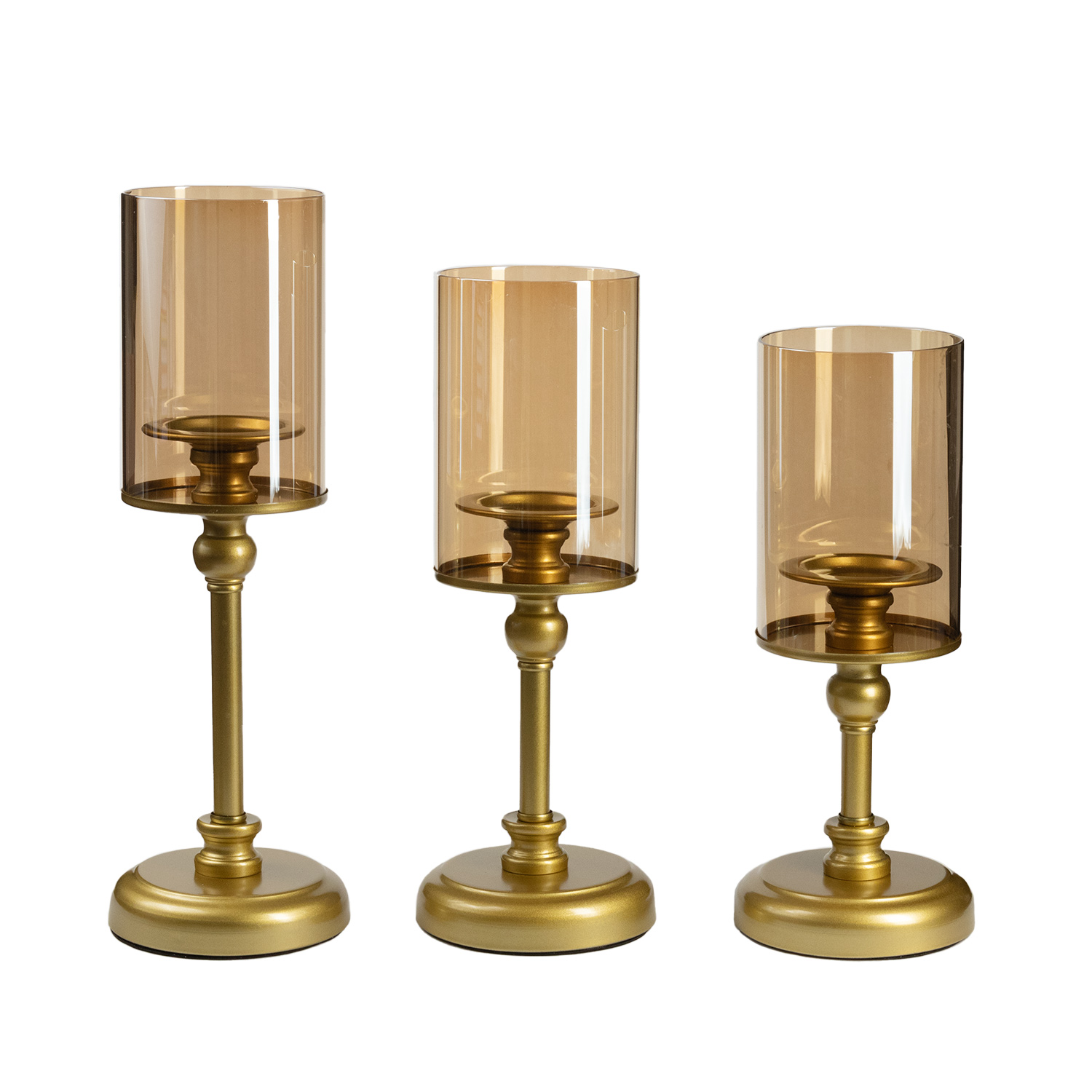 AMBER GLASS HURRICANE CANDLE HOLDERS, SET OF 3