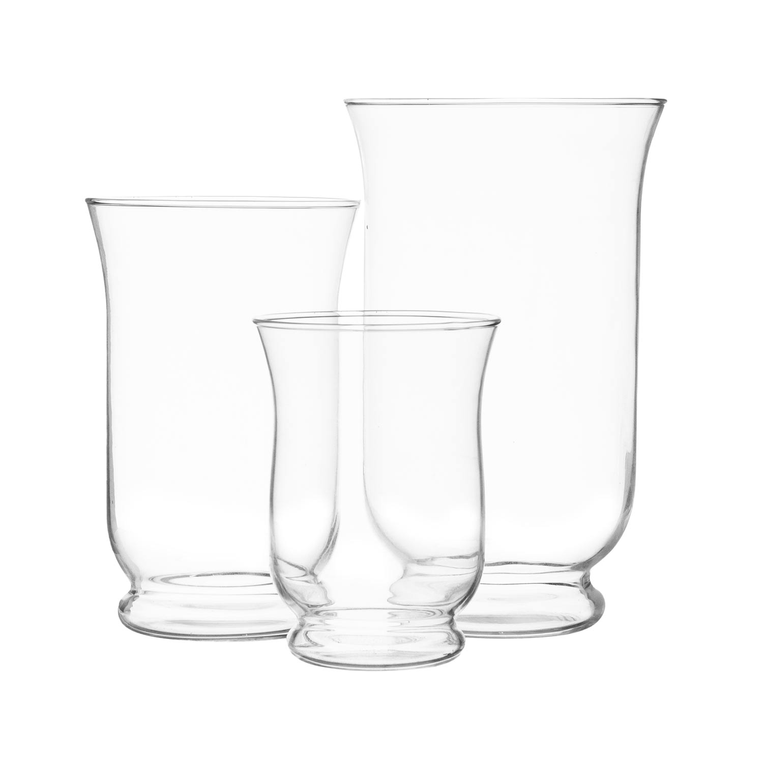 CLEAR GLASS HURICANE VASES, SET OF 3