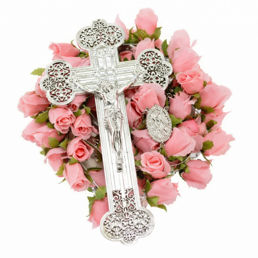 53 BEAD LARGE ROSARY SILK FLOWER FILLED | 1-Piece per Pack - Silver/Pink
