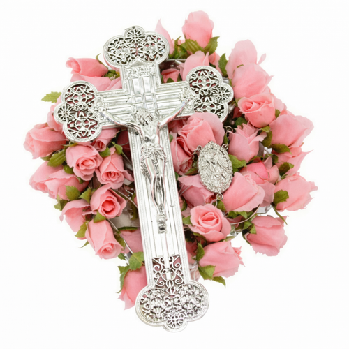 53 BEAD LARGE ROSARY SILK FLOWER FILLED | 1-Piece per Pack - Silver/Pink