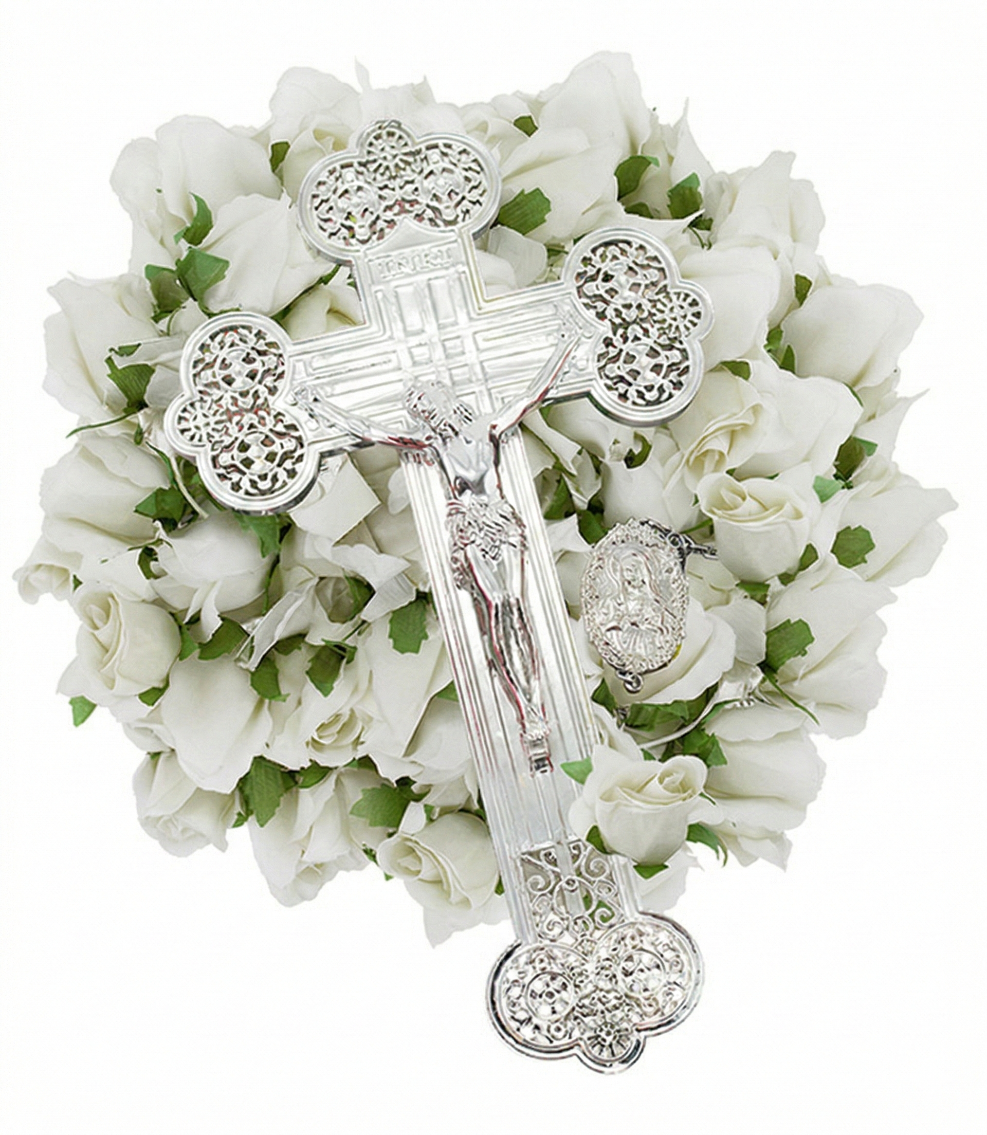 53 BEAD LARGE ROSARY SILK FLOWER FILLED | 1-Piece per Pack - Silver/White