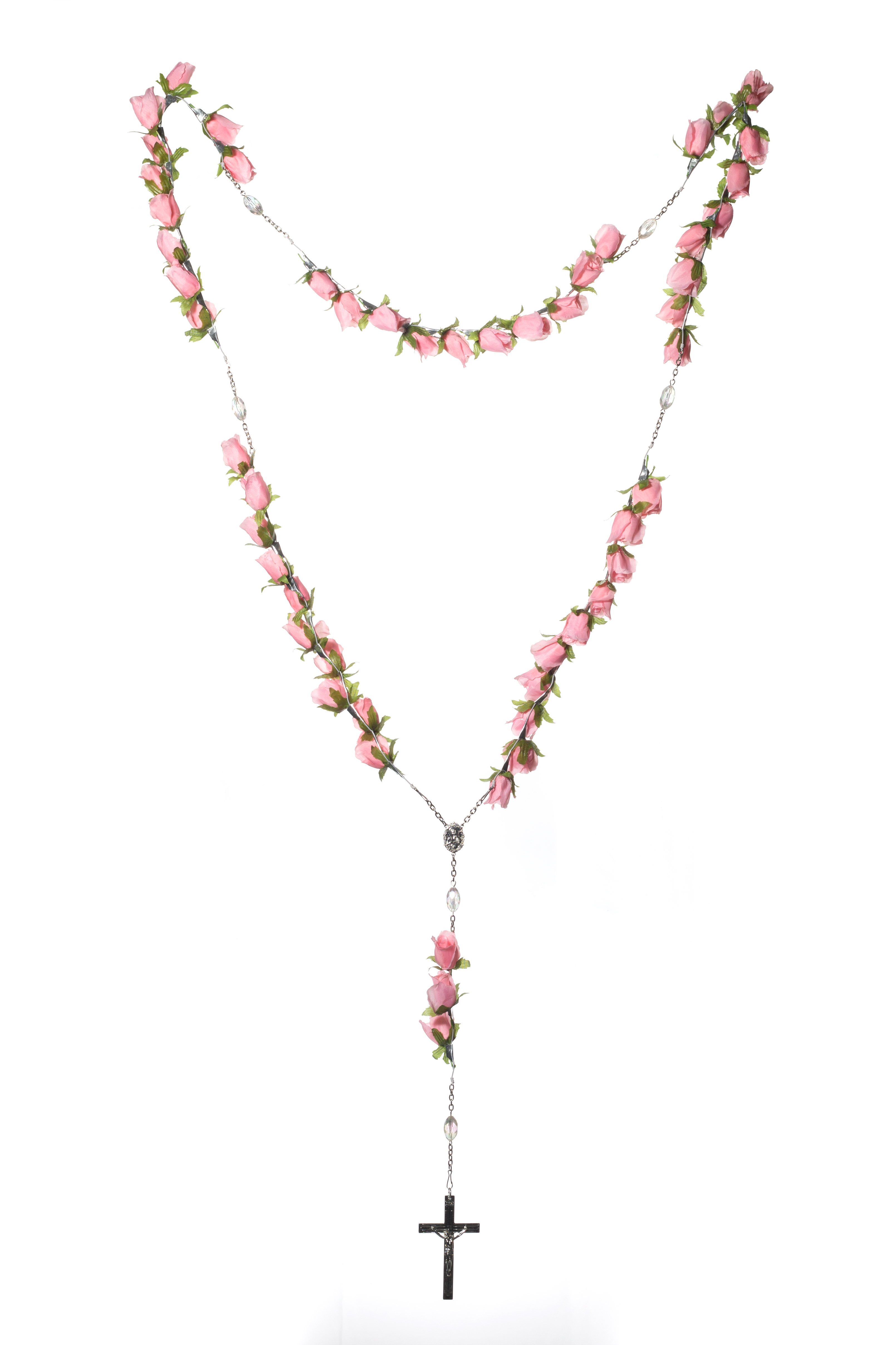53 BEAD SMALL SILK FLOWER FILLED ROSARY | 1-Piece per Pack - Silver/Pink