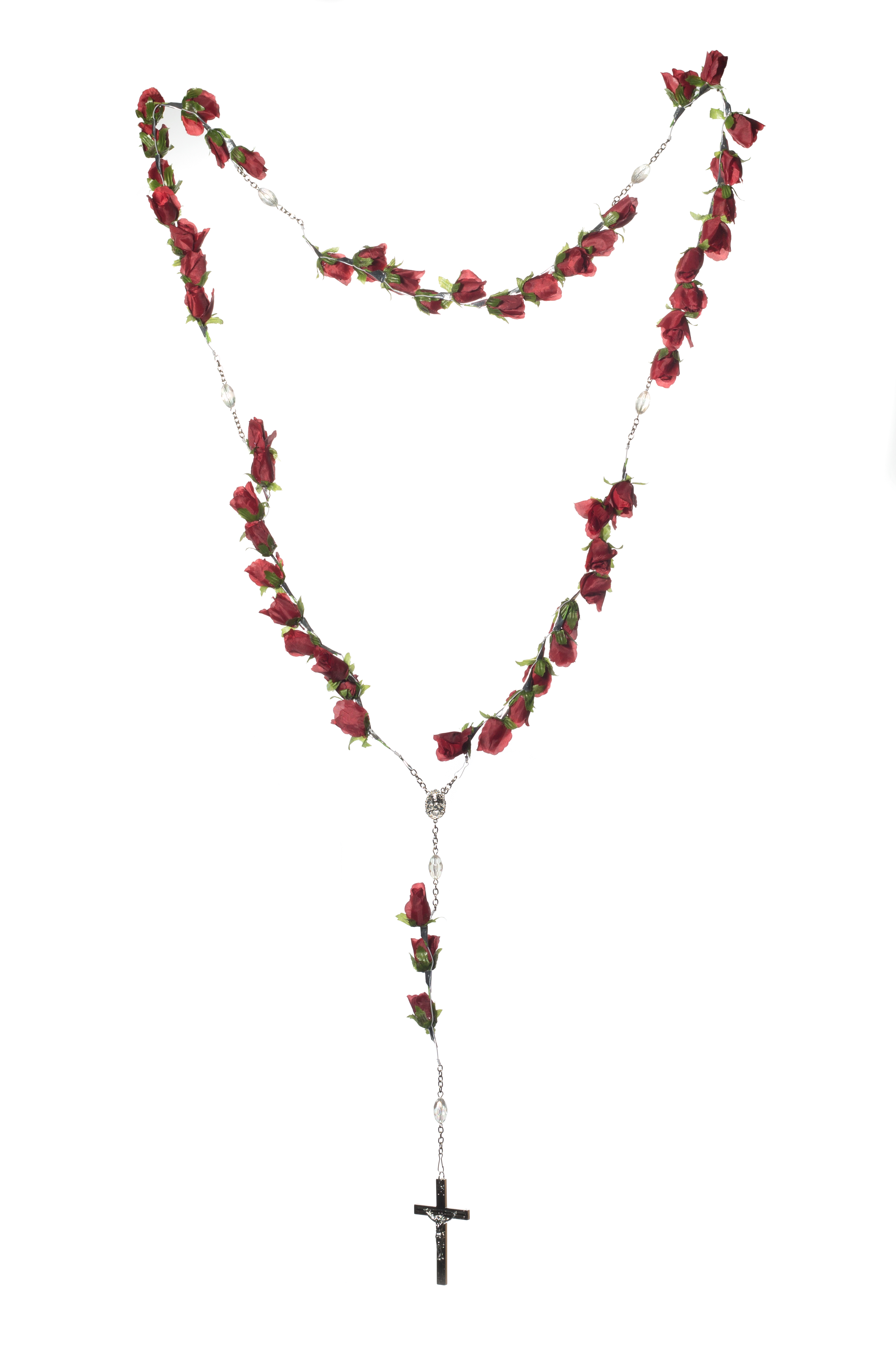 53 BEAD SMALL SILK FLOWER FILLED ROSARY | 1-Piece per Pack - Silver/Red