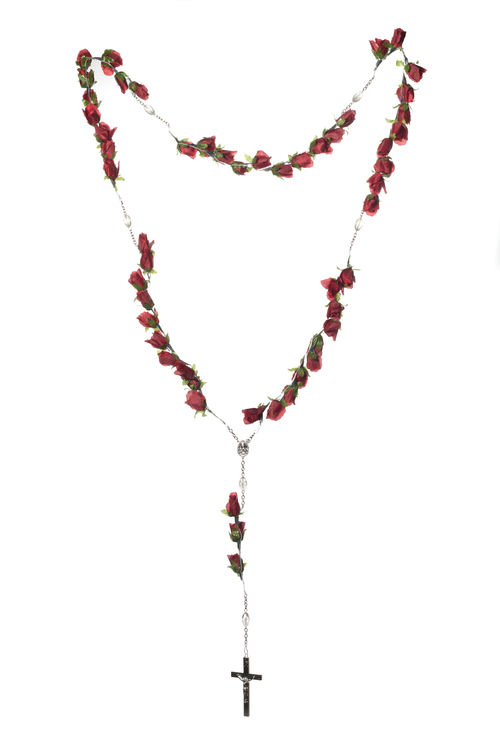 53 BEAD SMALL SILK FLOWER FILLED ROSARY | 1-Piece per Pack - Silver/Red