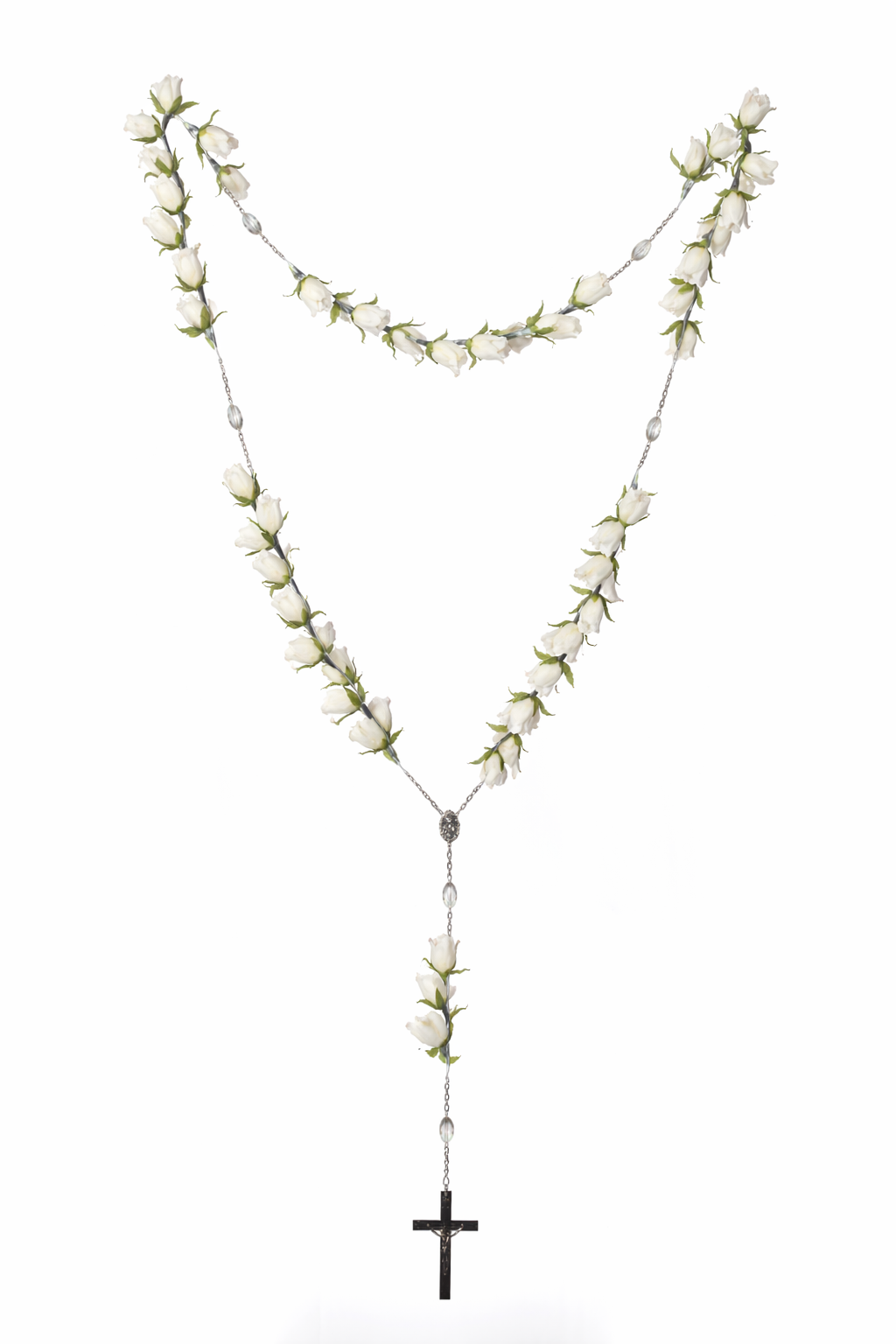 53 BEAD SMALL SILK FLOWER FILLED ROSARY | 1-Piece per Pack - Silver/White
